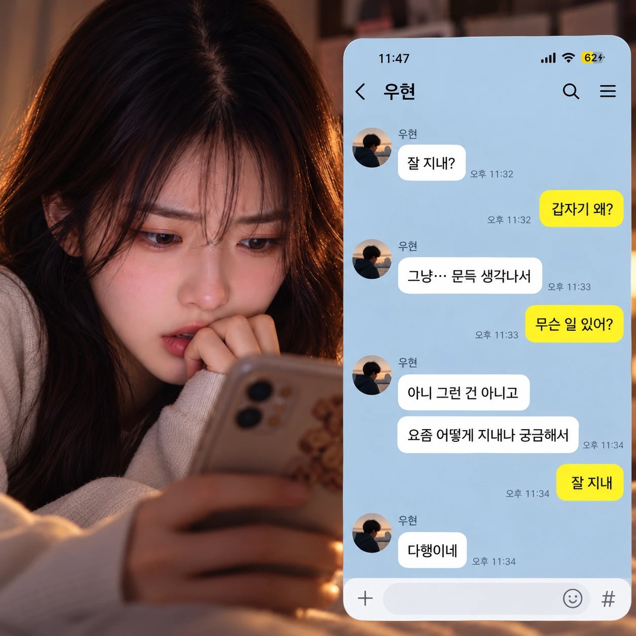 불안한 표정으로 휴대폰을 보는 여성과 카카오톡 대화 화면